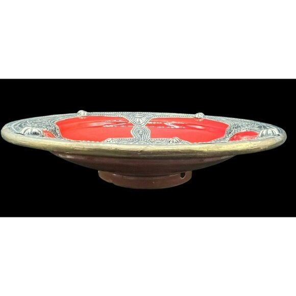 Moroccan Red Ceramic Plate Bowl Overlaid Berber Engraved Metal Handcrafted Decor - Picture 9 of 9